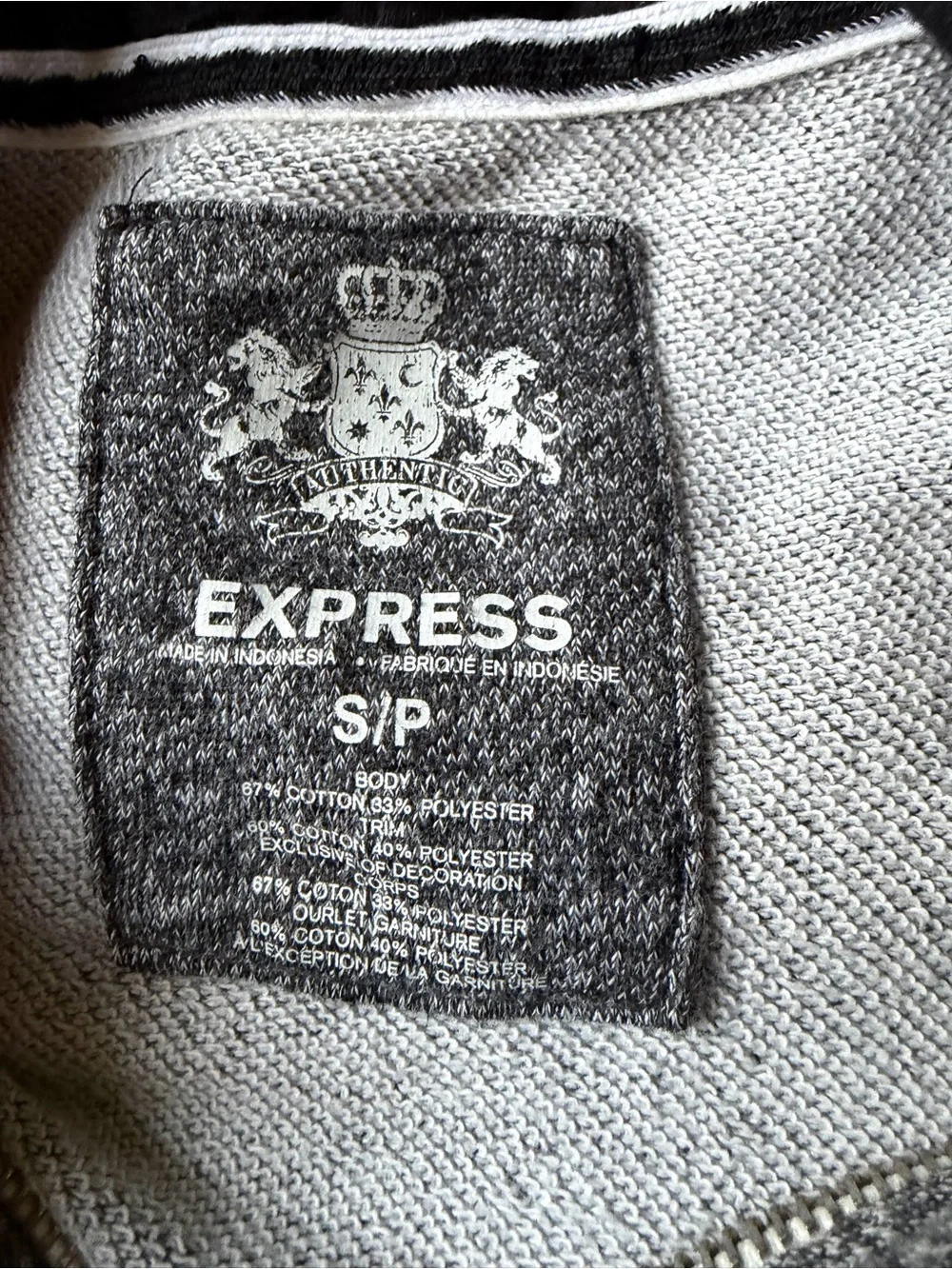 Express Men’s Heather Gray Zip-Up Hoodie with Black Accents